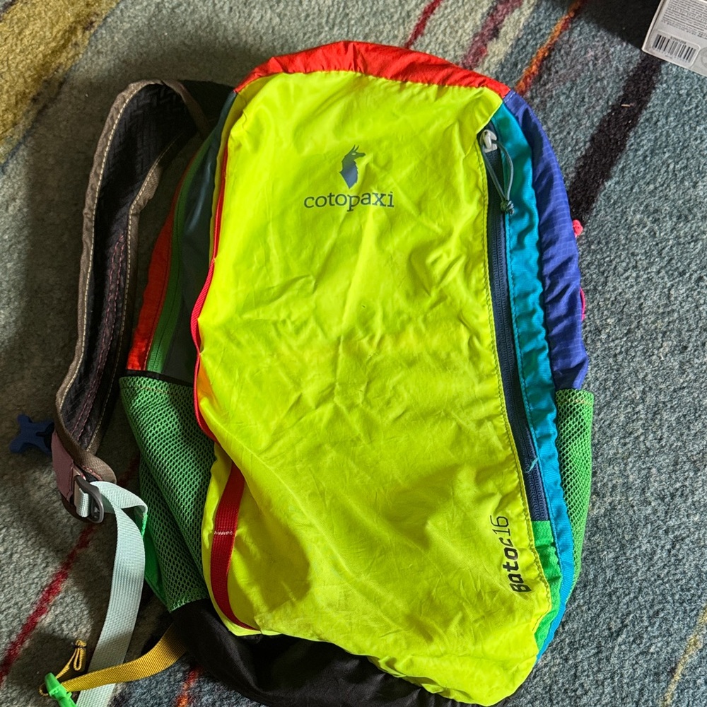 Cotopaxi Neon Yellow and Blue Backpack